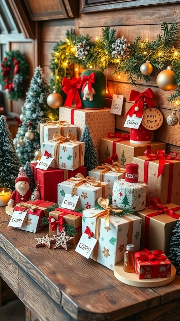 Creative Christmas gifts including personalized ornaments and handmade crafts on a festive table.